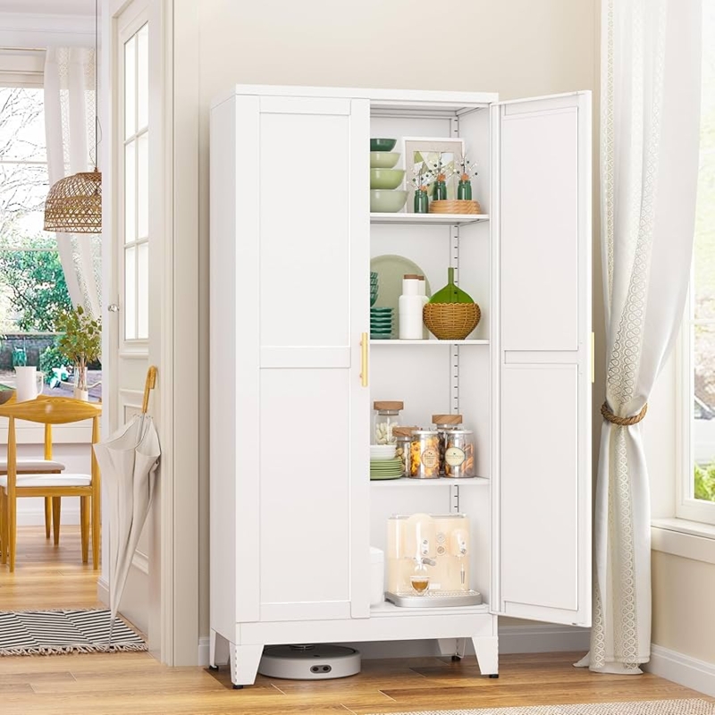 Pantry Cabinet White Metal with Gold Toned Hardware and Tapered Legs
