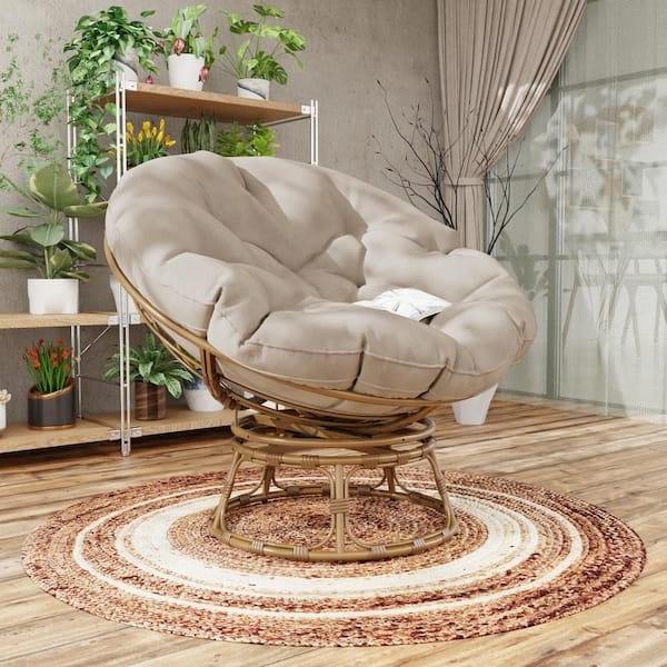 Papasan Chair, Circular Rattan Pedestal, Tufted Cushion