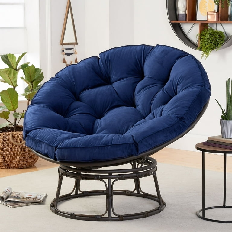 Papasan Chair, Navy Velvet, Woven Pedestal Base
