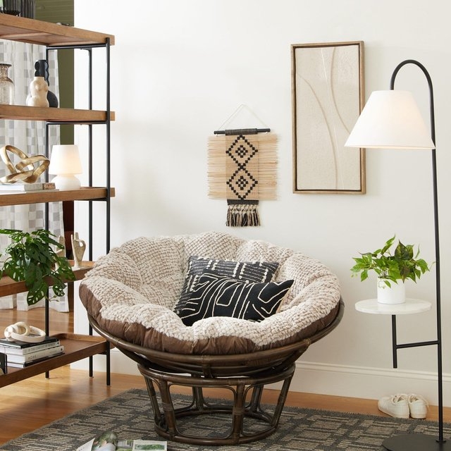 Papasan Chair, Rattan Frame, Sherpa Cushion, Boho Chic