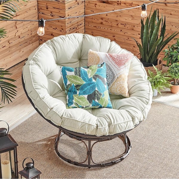 Papasan Chair, Tufted Cream Cushion, Wicker Saucer Frame