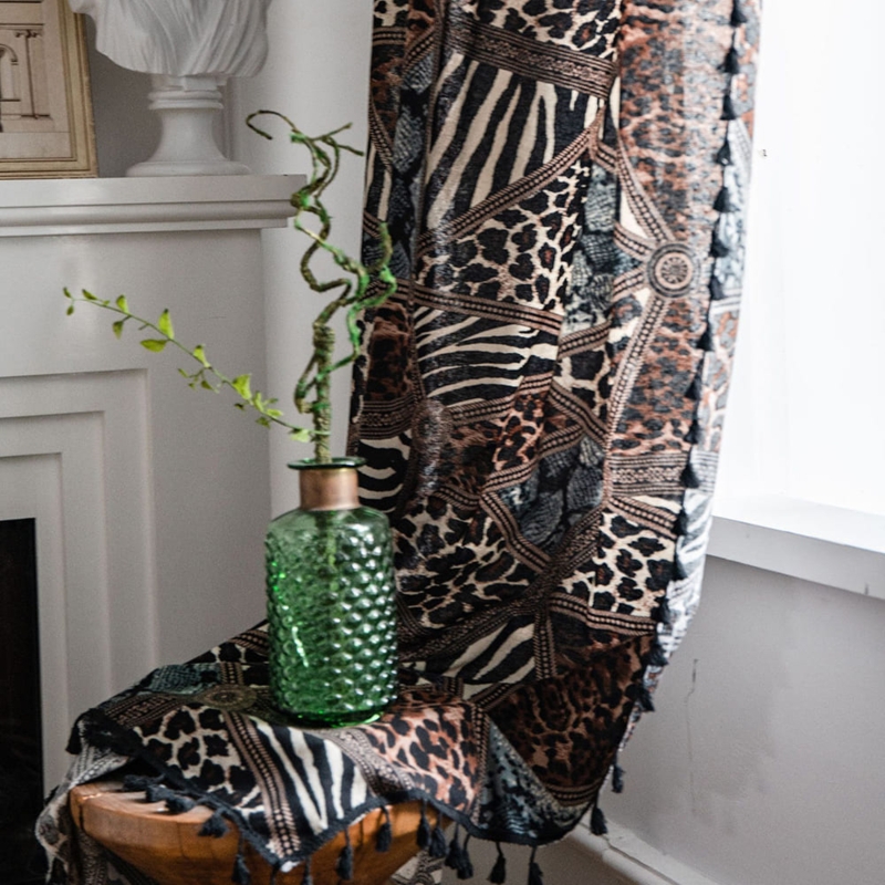 Patchwork Curtains: Safari Geometric Mix with Black Pom Pom Trim Edge