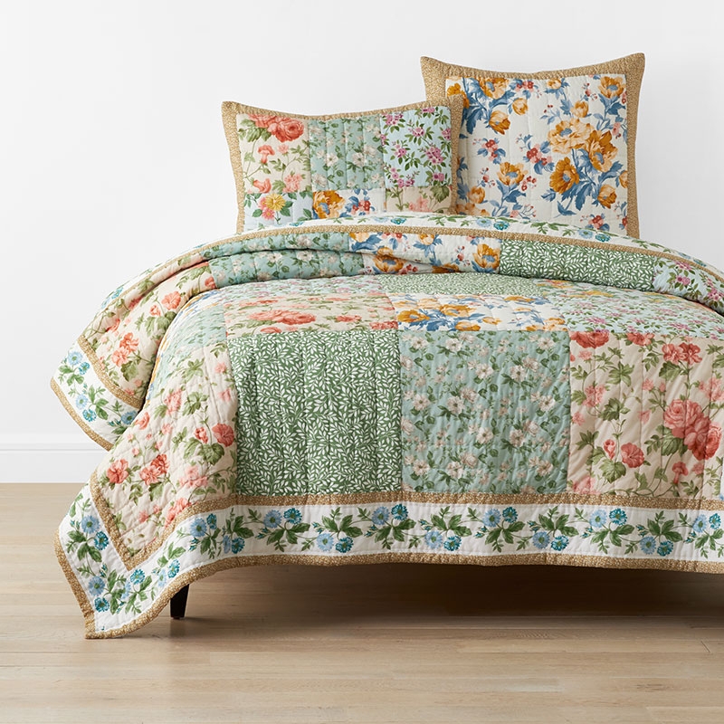 Patchwork Quilt Botanical Prints Sage Rose Textured Gold Border