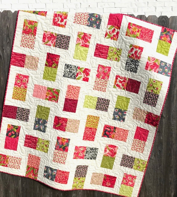 Patchwork Quilt Fuchsia Lime Floral Rectangular Patches Meandering
