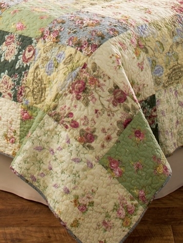 Patchwork Quilt Hand Pieced Floral Sage Green Piped Edges