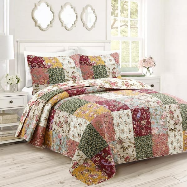 Patchwork Quilt Multi Color Floral Paisley Scalloped Box Stitching