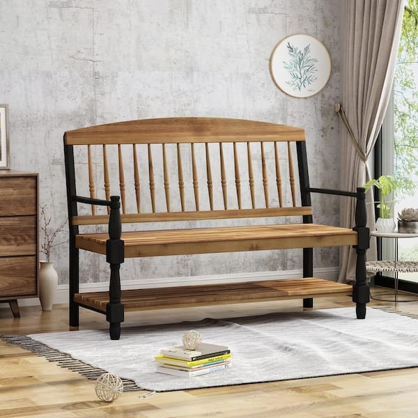 Patio Bench Farmhouse Two-Tone Spindle Back with Storage Shelf
