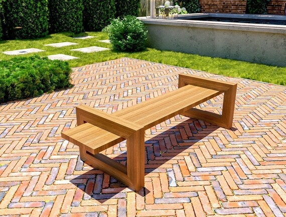 Patio Bench Warm Honey Wood Cantilevered Ends Geometric Legs DIY