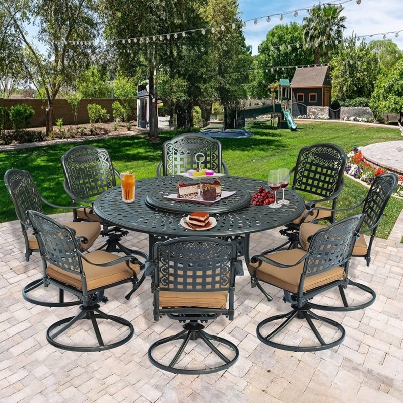 Patio Dining Set Cast Metal Lattice Back Swivel Chairs Lazy Susan