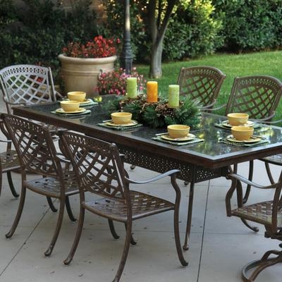 Patio Dining Set: Mocha Brown Tile Top with Lattice Back Garden Chairs.