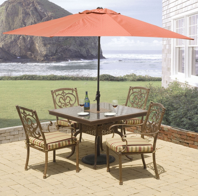 Patio Dining Set: Square Tile Top, Terracotta Market Umbrella, Coastal.