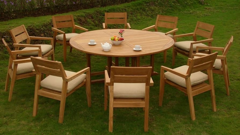 Patio Dining Set Ten Person Honey Wood Radial Slat Top X-Frame
