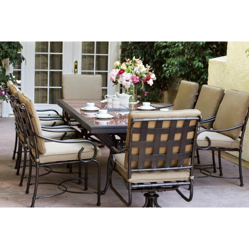 Patio Dining Set: Woven Strap Back, Antique Bronze, Scrolled Arms, Seats 8.