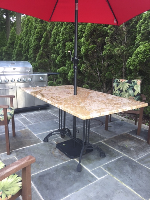 Patio Dining Table: Twin Pedestal Base, Umbrella Ready, Matte Black Legs.