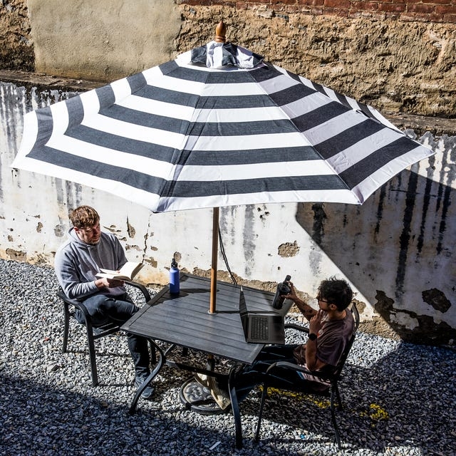 Patio Umbrella Black and White Striped Canopy, Center Pole Industrial.