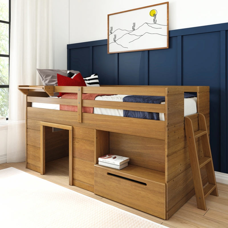 Pecan Brown Wood Low Loft Bed with Integrated Storage Cubbies