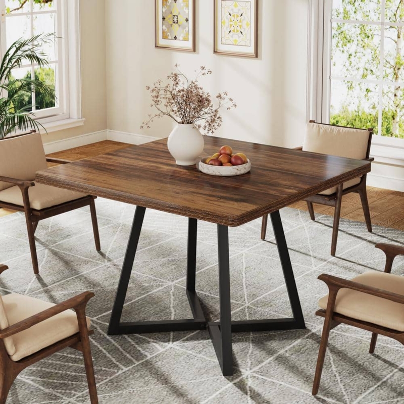 Pedestal Dining Table Angular Base Wood Grain Square Form Walnut