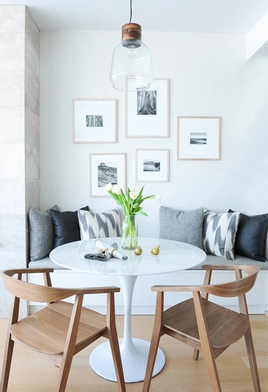 Pedestal Dining Table Mid-Century Banquette Curved Wood Chairs