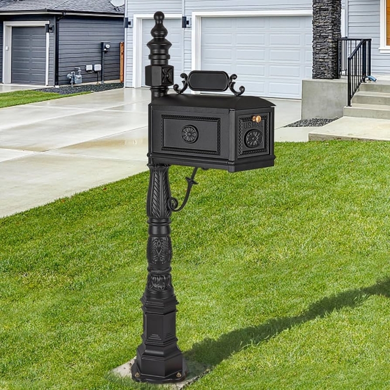 Pedestal Mailbox with Ornate Floral Rosettes and Fluted Post