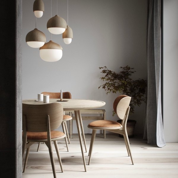 Pendant Light Acorn Shape Wood and Frosted Glass Cluster Scandinavian