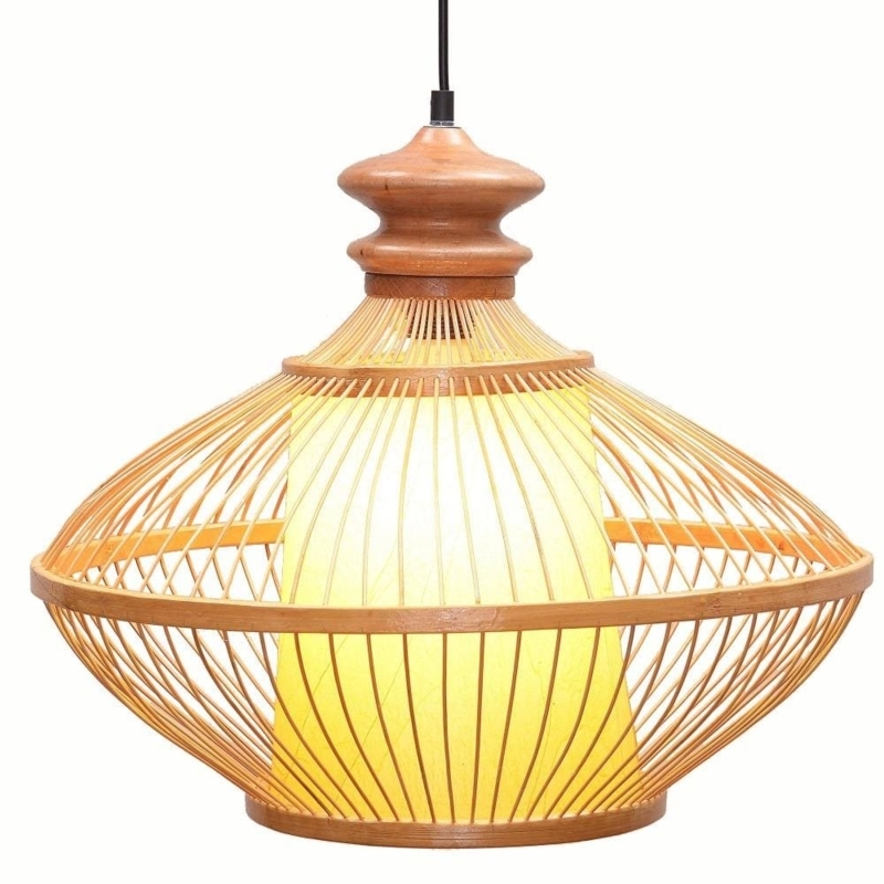 Pendant Light Biconic Shape Vertical Slats Natural Wood Japandi