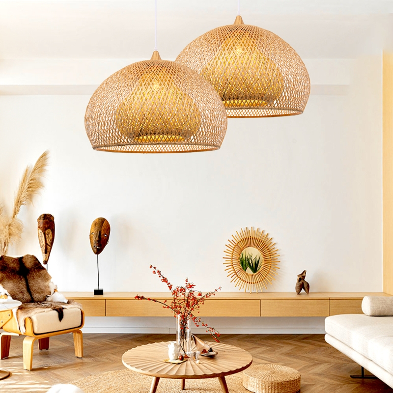 Pendant Light Double Dome Shape Bamboo Woven Lattice Organic Modern
