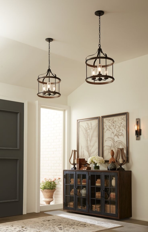 Pendant Light Glass Cylinders Open Cage Three Light Matte Black Rustic