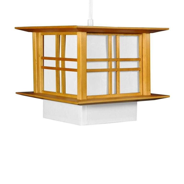 Pendant Light Honey Wood Frame Shoji Lattice Tiered Roof Asian Zen
