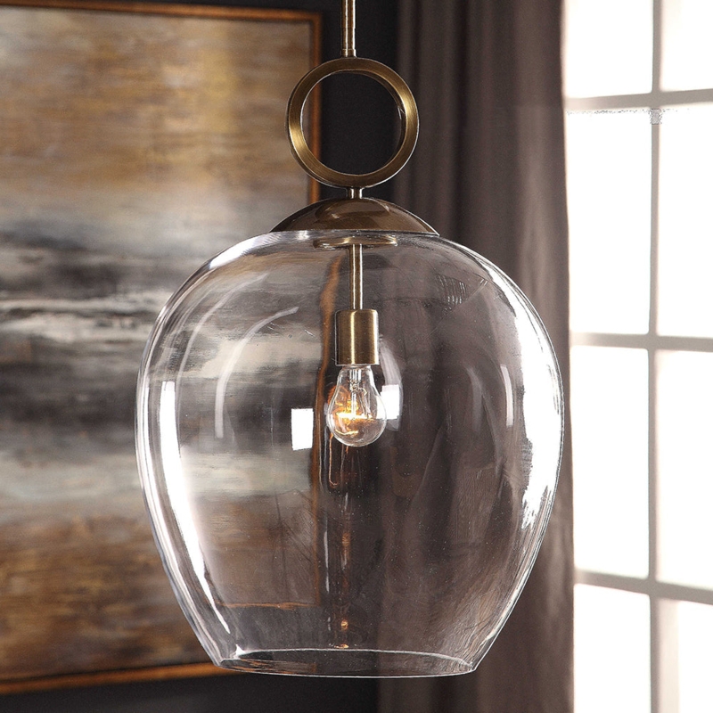 Pendant Light Metal Ring Accent Large Glass Globe Transitional