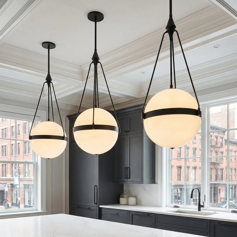 Pendant Light Milk Glass Shade Horizontal Metal Band Matte Black