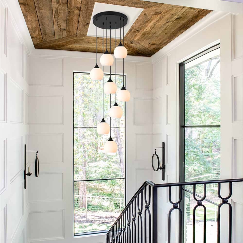 Pendant Light Opal Globe Glass Staggered Heights Black Round Canopy