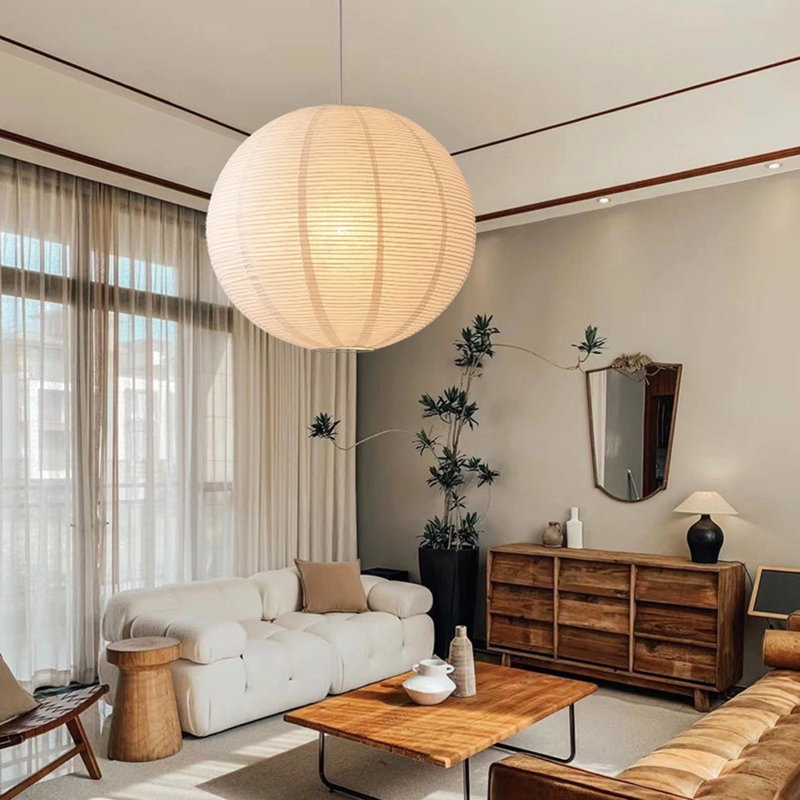 Pendant Light Oversized Globe Ribbed Paper Japandi Style