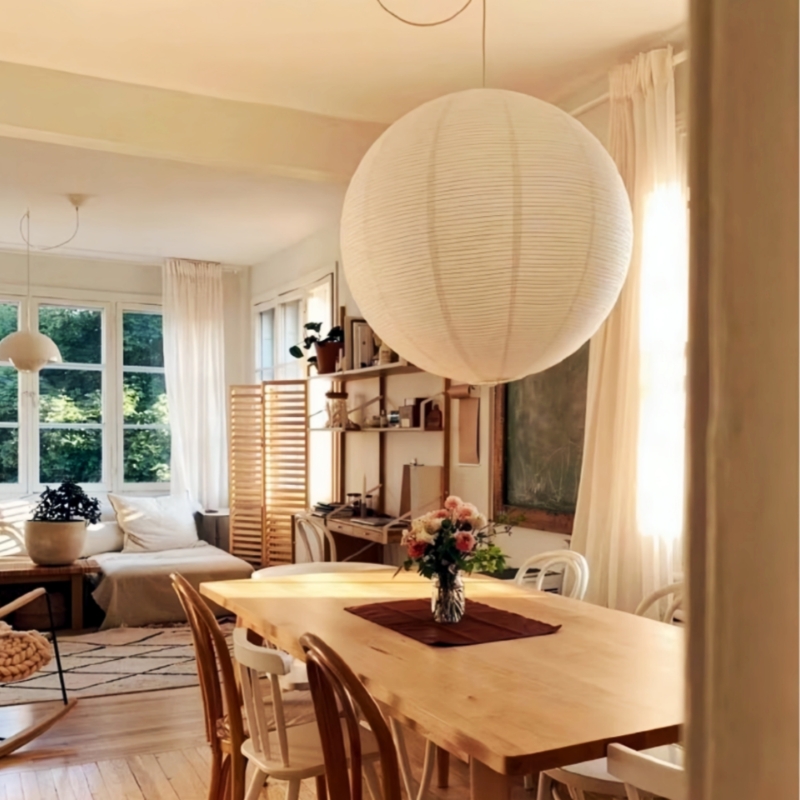 Pendant Light Oversized Silhouette Spherical Ribbed Paper Wabi Sabi