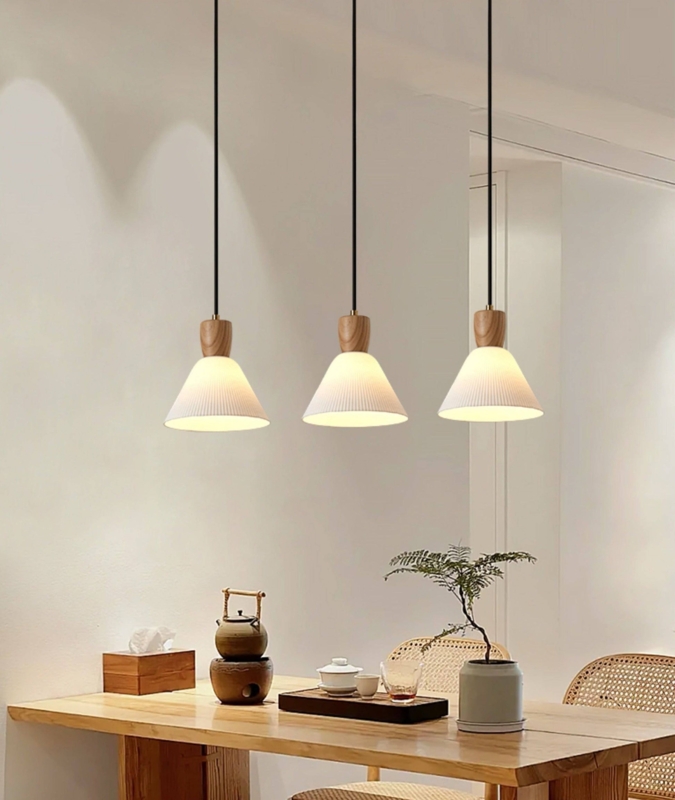 Pendant Light Ribbed Ceramic Conical Shade Wood Cap Detail Trio