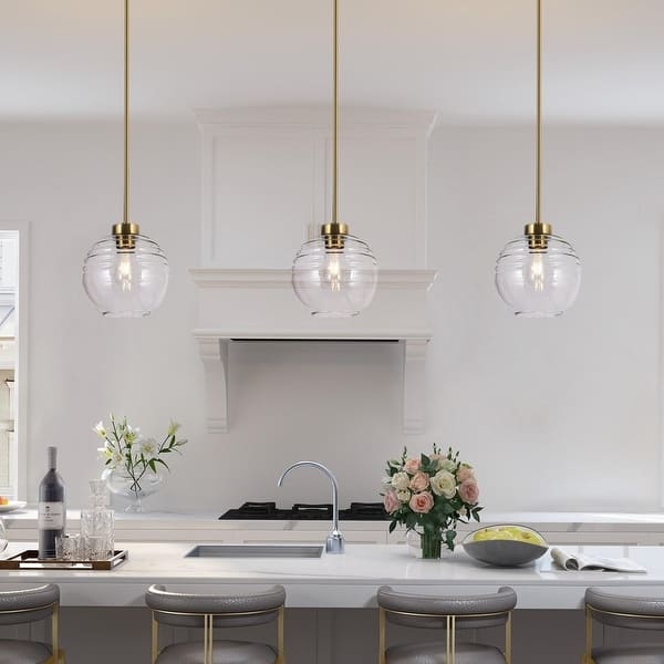 Pendant Light Ribbed Glass Gold Suspension Rod Contemporary