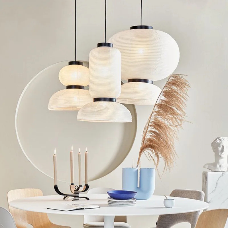 Pendant Light Ribbed Paper Shade Tiered Silhouette Black Hardware