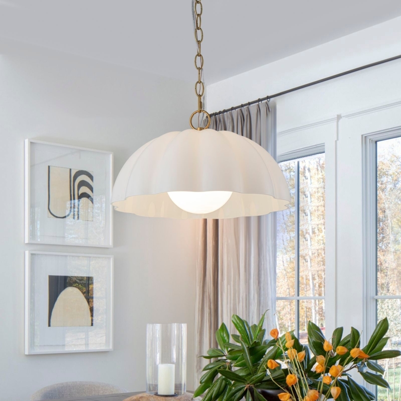 Pendant Light Scalloped Glass Fluted Shade Transitional Chain Hung