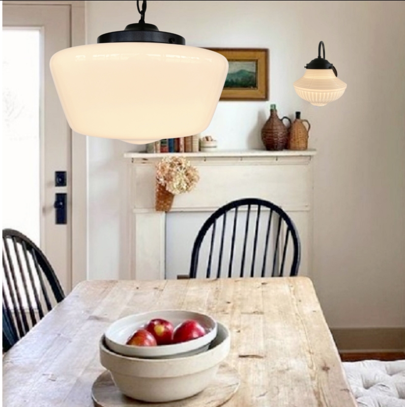 Pendant Light Schoolhouse Shade Antique Black Hardware Chain Hung Farmhouse