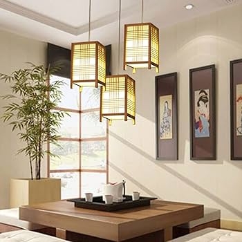 Pendant Light Square Lantern Staggered Drop Height Bamboo Grid Zen