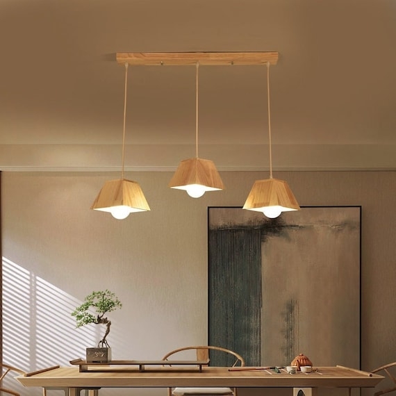 Pendant Light Triple Fixture Trapezoid Wood Shades Japandi