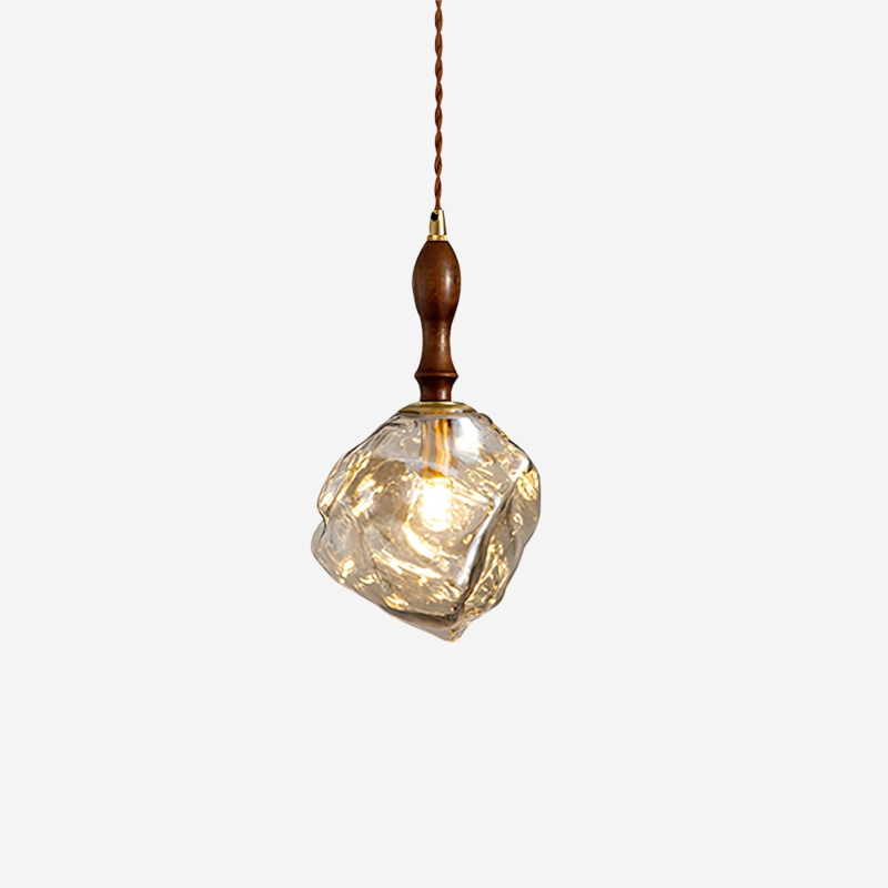 Pendant Light with Turned Wood Neck and Rippled Glass Ice Shade