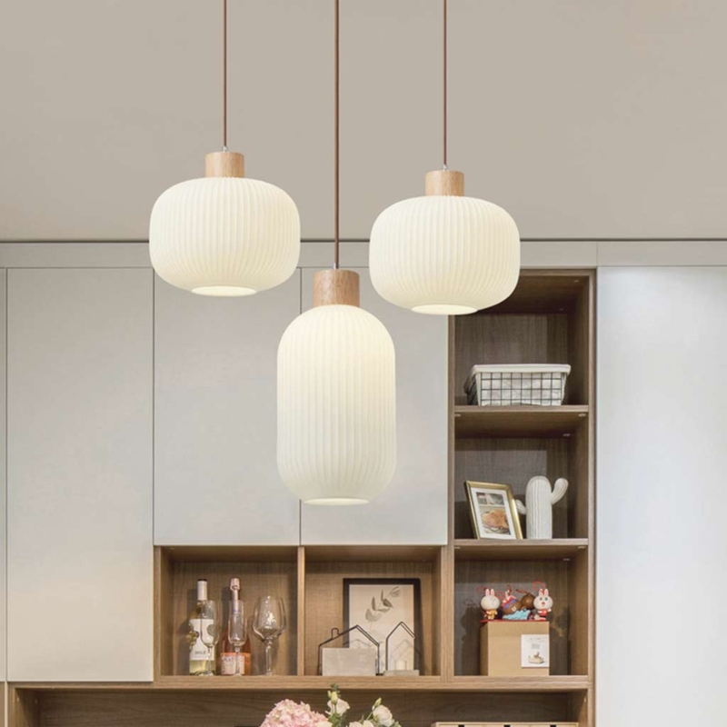 Pendant Light Wood Cap Ribbed Glass Mixed Shapes Japandi Style