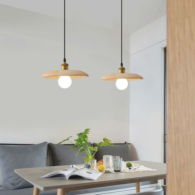 Pendant Light Wood Disk Shade Brass Socket Globe Bulb Minimalist