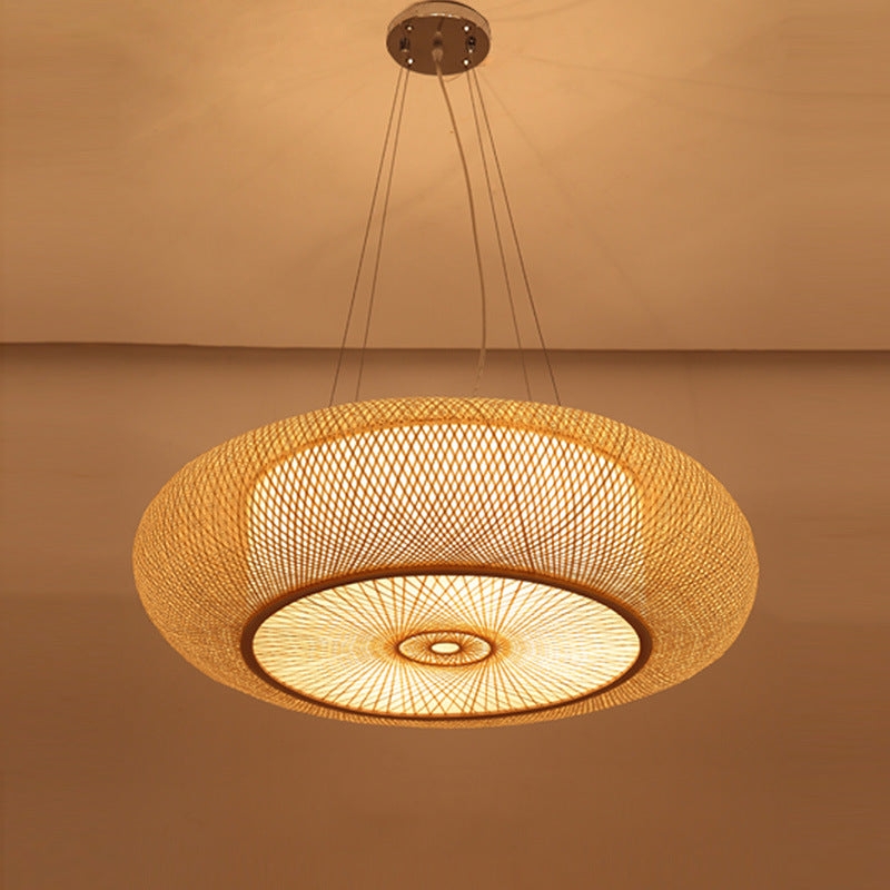 Pendant Light Woven Radial Pattern Disc Shape Rattan Japandi Style