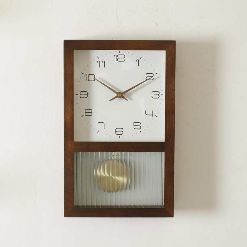 Pendulum Wall Clock Reeded Glass Window Walnut Rectangular Frame