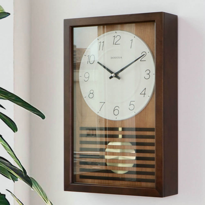 Pendulum Wall Clock Slatted Wood Walnut Brown Rectangular Case