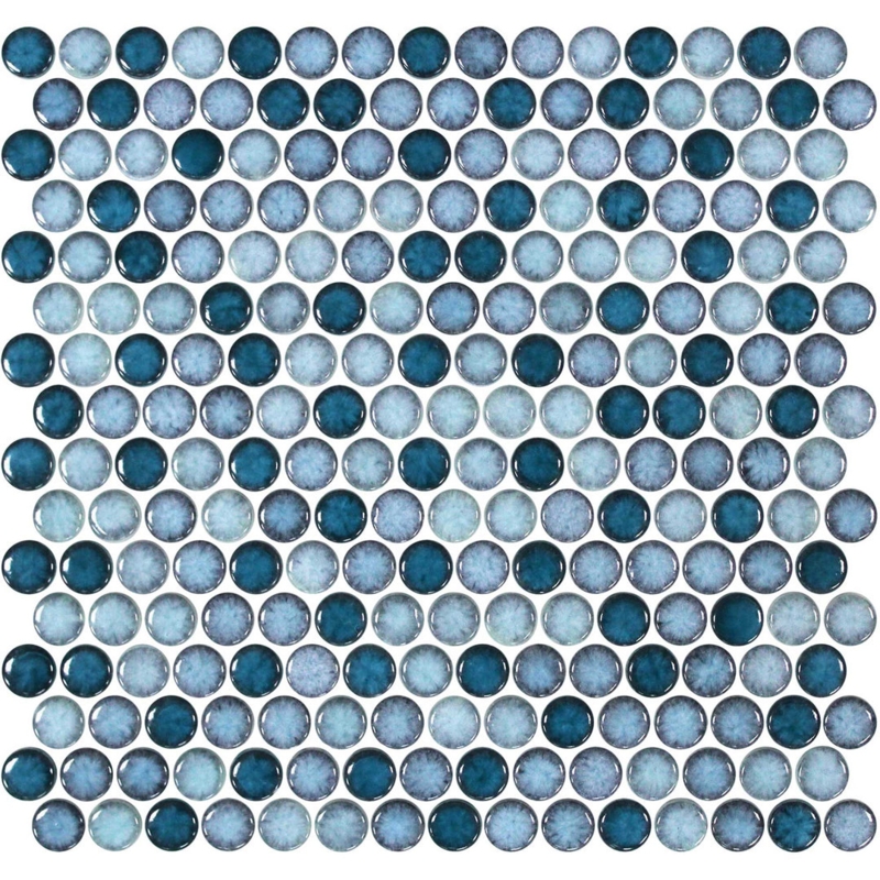 Penny Round Tile: Crystalline Mixed Blue Glass Coastal Mosaic Sheet