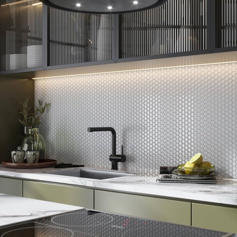 Penny Round Tile: Glossy Ice White Glass Mosaic Mesh Backed