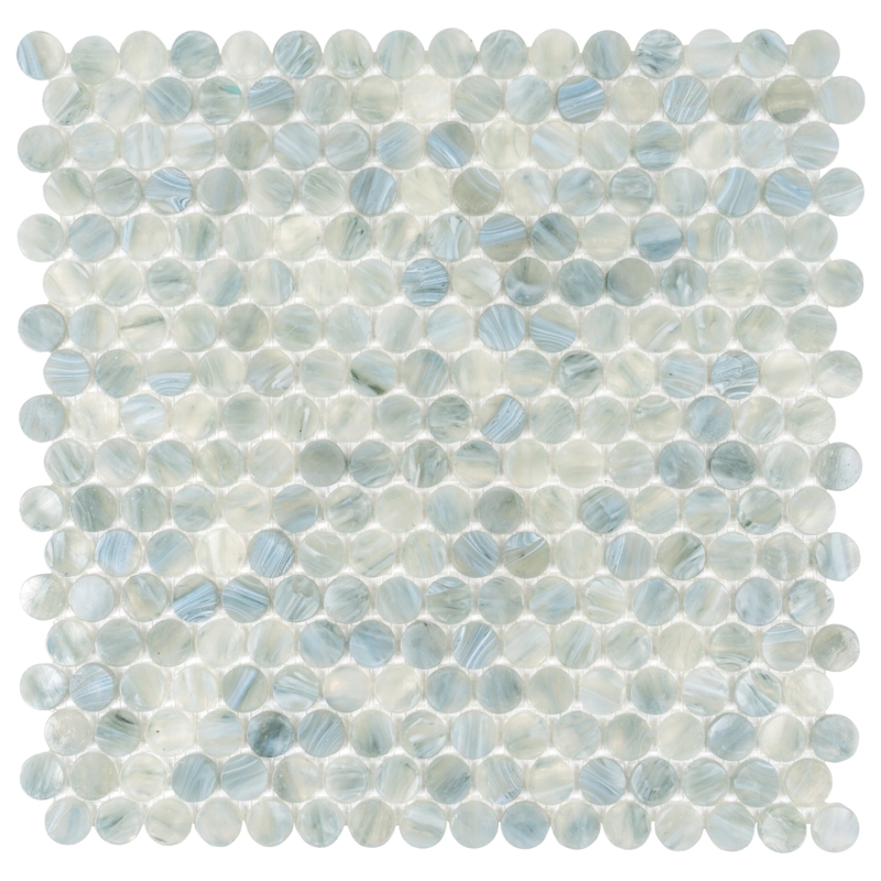 Penny Round Tile: Marbleized Seafoam Green Glass Mosaic Sheet