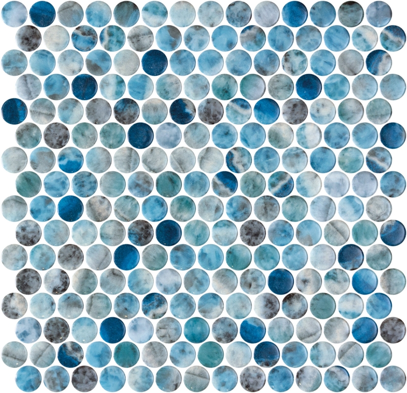 Penny Round Tile: Variegated Kara Blue Recycled Glass Marbled Mosaic